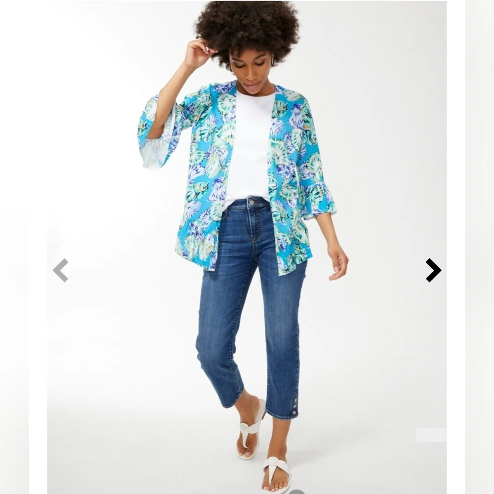 Chico's open front top size 3 US XL blue shells cruise beach Ruffled cardigan *